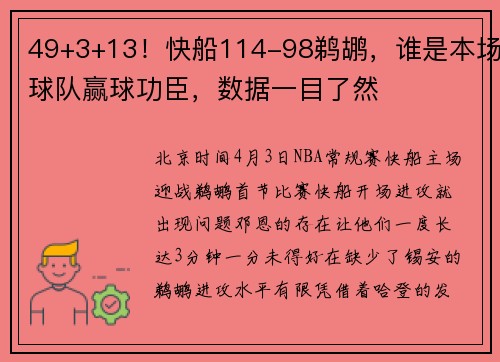 49+3+13！快船114-98鹈鹕，谁是本场球队赢球功臣，数据一目了然