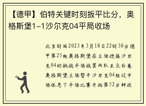 【德甲】伯特关键时刻扳平比分，奥格斯堡1-1沙尔克04平局收场