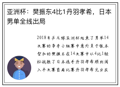 亚洲杯：樊振东4比1丹羽孝希，日本男单全线出局