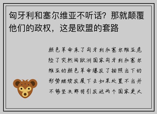 匈牙利和塞尔维亚不听话？那就颠覆他们的政权，这是欧盟的套路