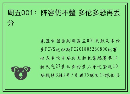 周五001：阵容仍不整 多伦多恐再丢分
