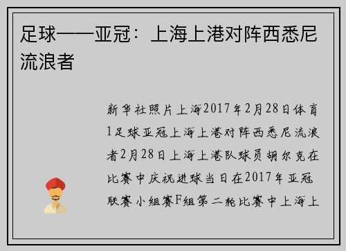 足球——亚冠：上海上港对阵西悉尼流浪者