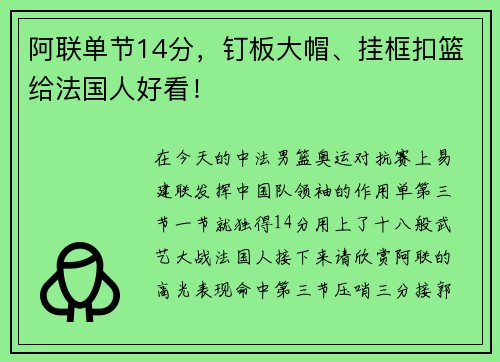 阿联单节14分，钉板大帽、挂框扣篮给法国人好看！